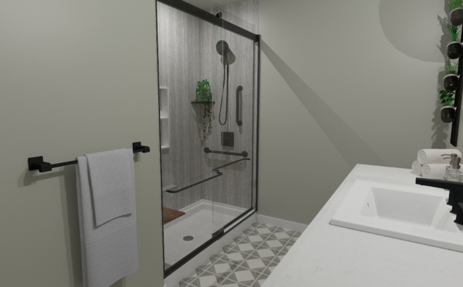 Modern bathroom renovation featuring a tub with a glass enclosure and a white vanity, completed by Quick Bath Solutions in Greater Fresno Modern bathroom renovation featuring a tub with a glass enclosure and a white vanity, completed by Quick Bath Solutions in Greater Fresno