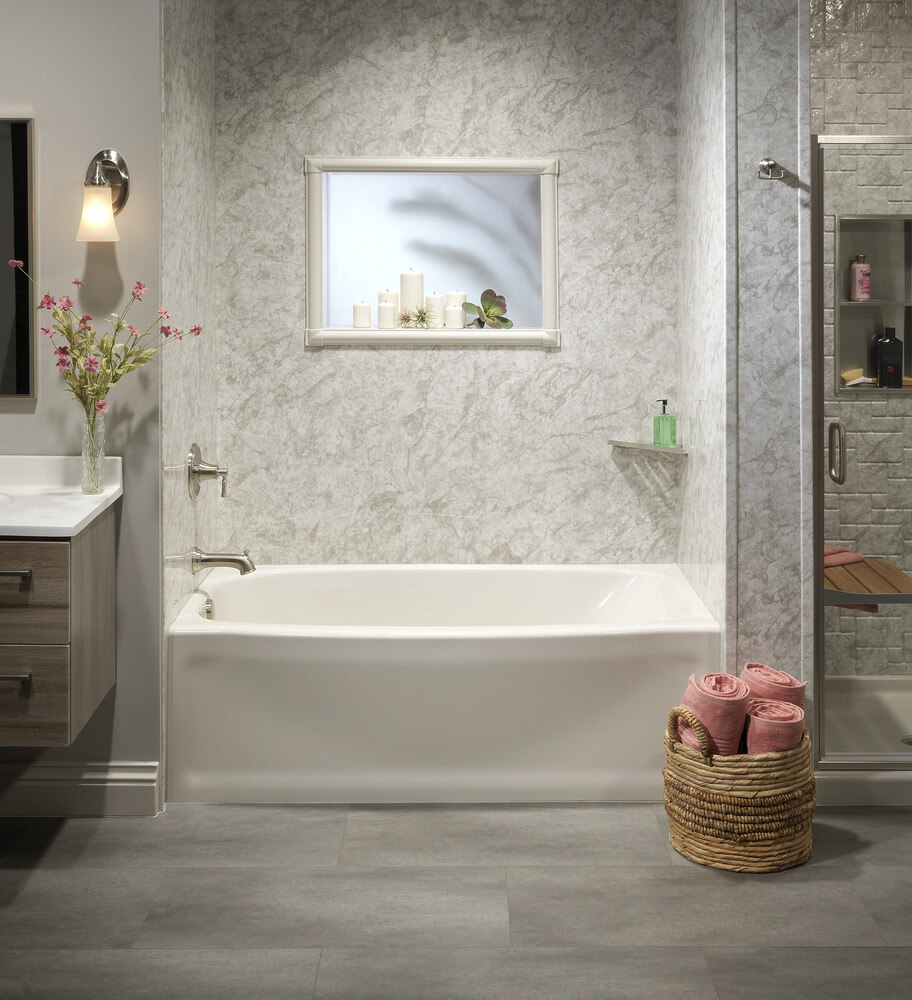 Stylish bathroom with Arctic Ice gray tub and frosted window by Quick Bath Solutions in Greater Fresno Stylish bathroom with Arctic Ice gray tub and frosted window by Quick Bath Solutions in Greater Fresno
